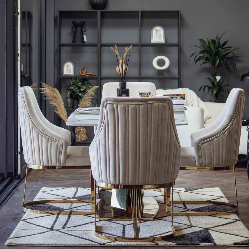 Luxury Vittoria 1.8m Slimline Gold Dining Set White Sintered Stone Table With Olivia Velvet Chairs