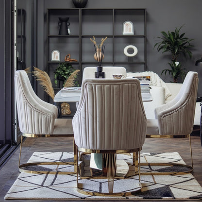 Luxury Vittoria 1.8m Slimline Gold Dining Set White Sintered Stone Table With Olivia Velvet Chairs