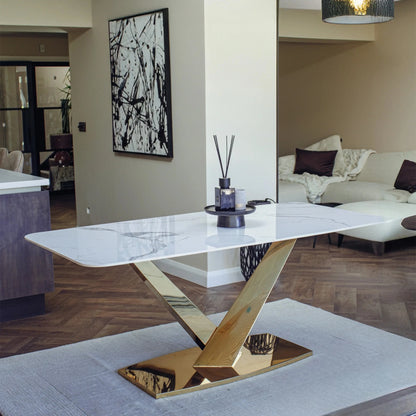Luxury Vittoria 1.8m Slimline Gold Dining Set White Sintered Stone Table With Henrik Velvet Chairs