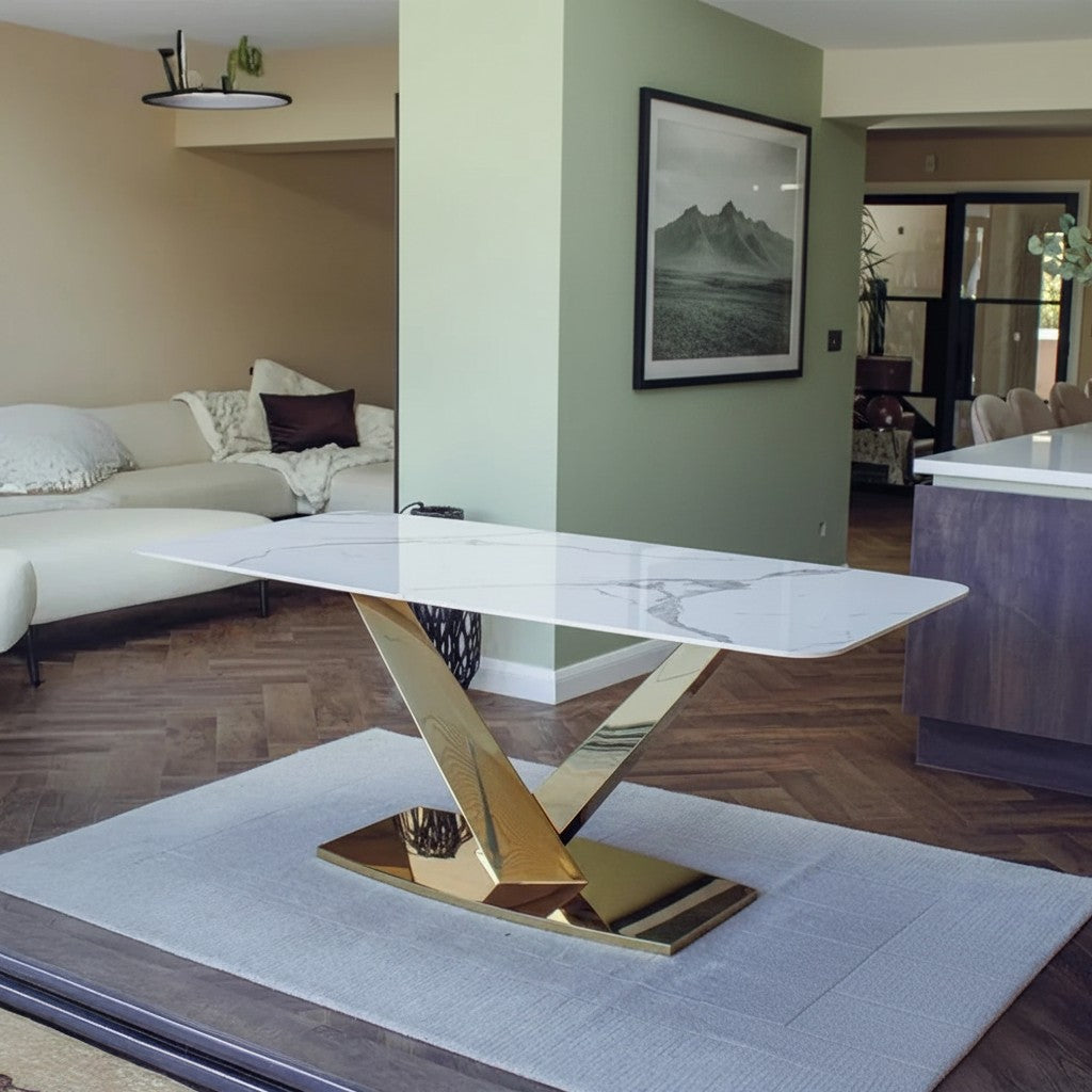 Luxury Vittoria 180cm Slimline Sintered Stone Dining Table With V-Shaped Pedestal Base