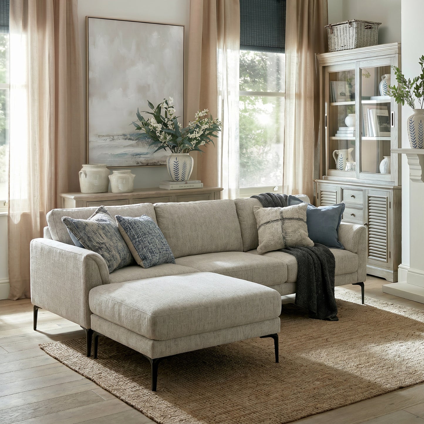 Luxury Zephra Three Seater Sofa With Footstool In White Fabric
