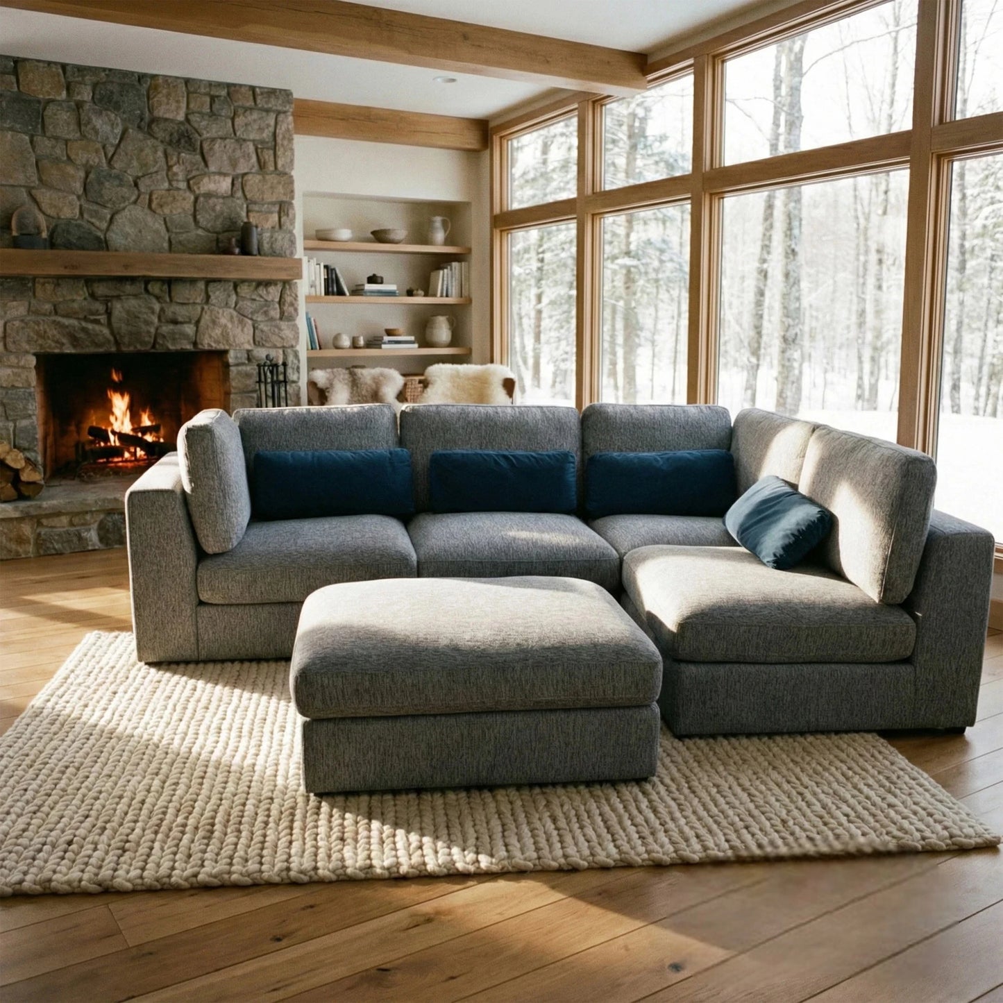 Aluxo Madison 4+1+Storage Footstool Modular Sofa In Blue Boucle Fabric