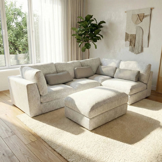 Aluxo Madison 4+1+Storage Footstool Modular Sofa In Light Grey Boucle Fabric