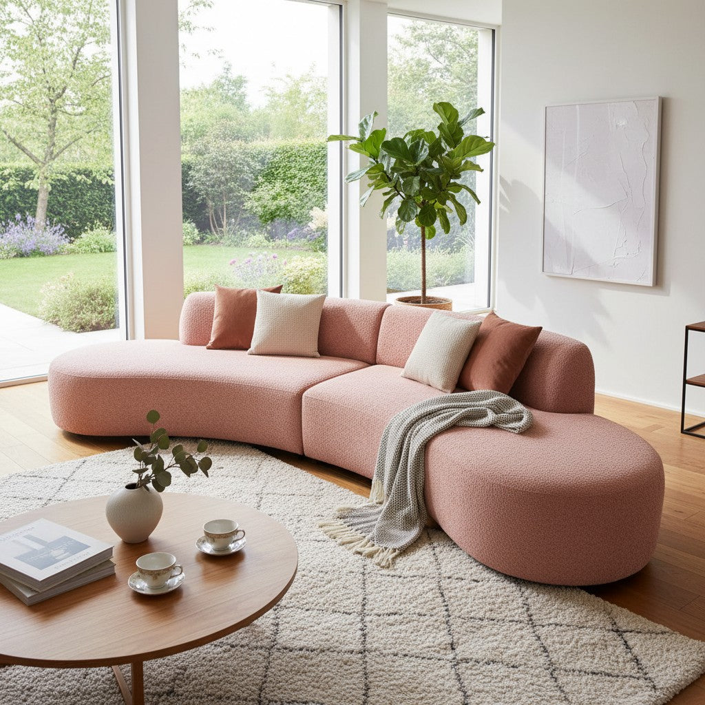 Miami Curved Cinema Boucle Sofa In Blush Pink Fabric