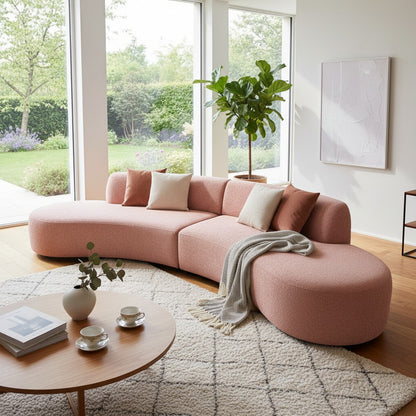 Miami Curved Cinema Boucle Sofa In Blush Pink Fabric