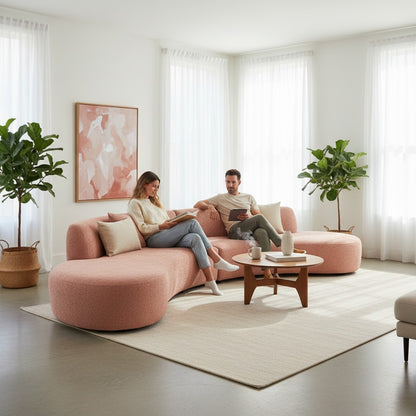 Miami Curved Cinema Boucle Sofa In Blush Pink Fabric