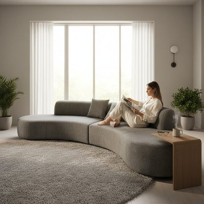 Miami Curved Cinema Boucle Sofa In Blush Pink Fabric