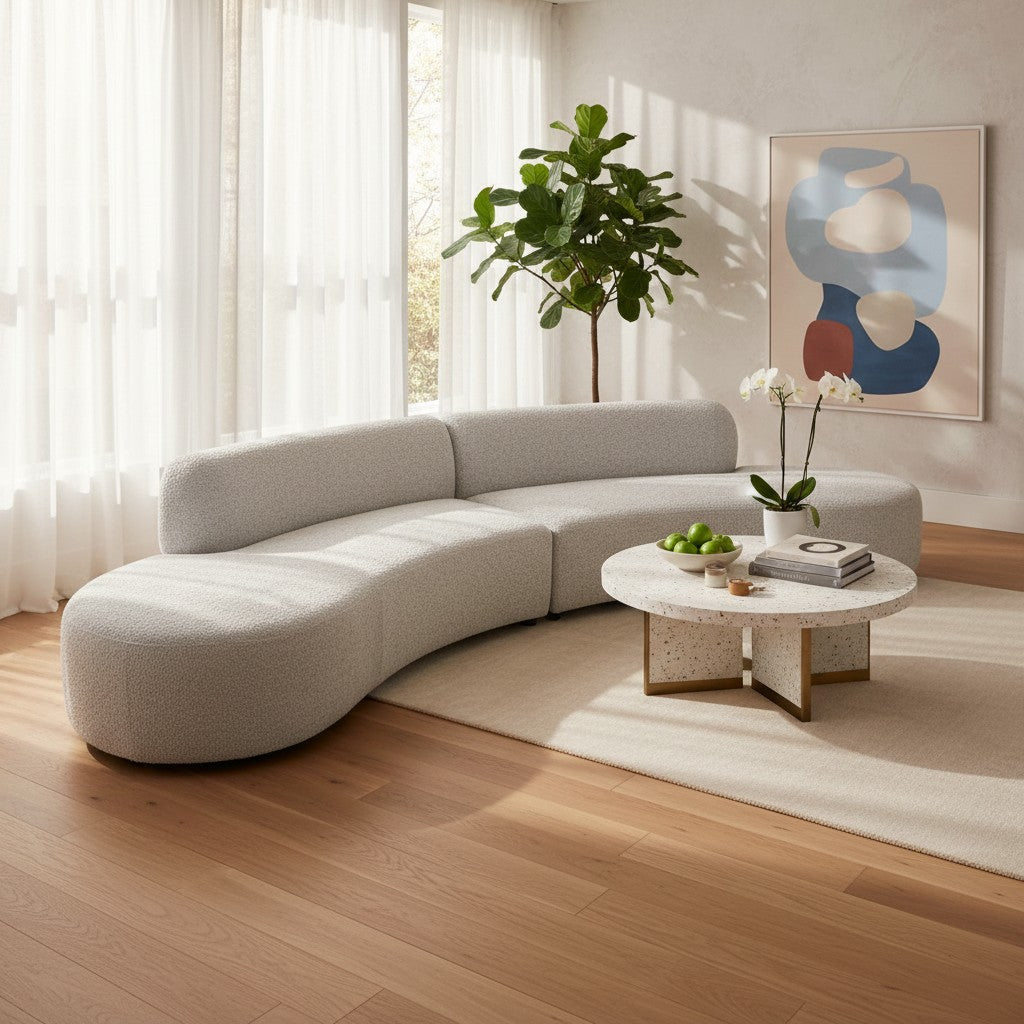 Miami Curved Cinema Boucle Sofa In Blush Pink Fabric