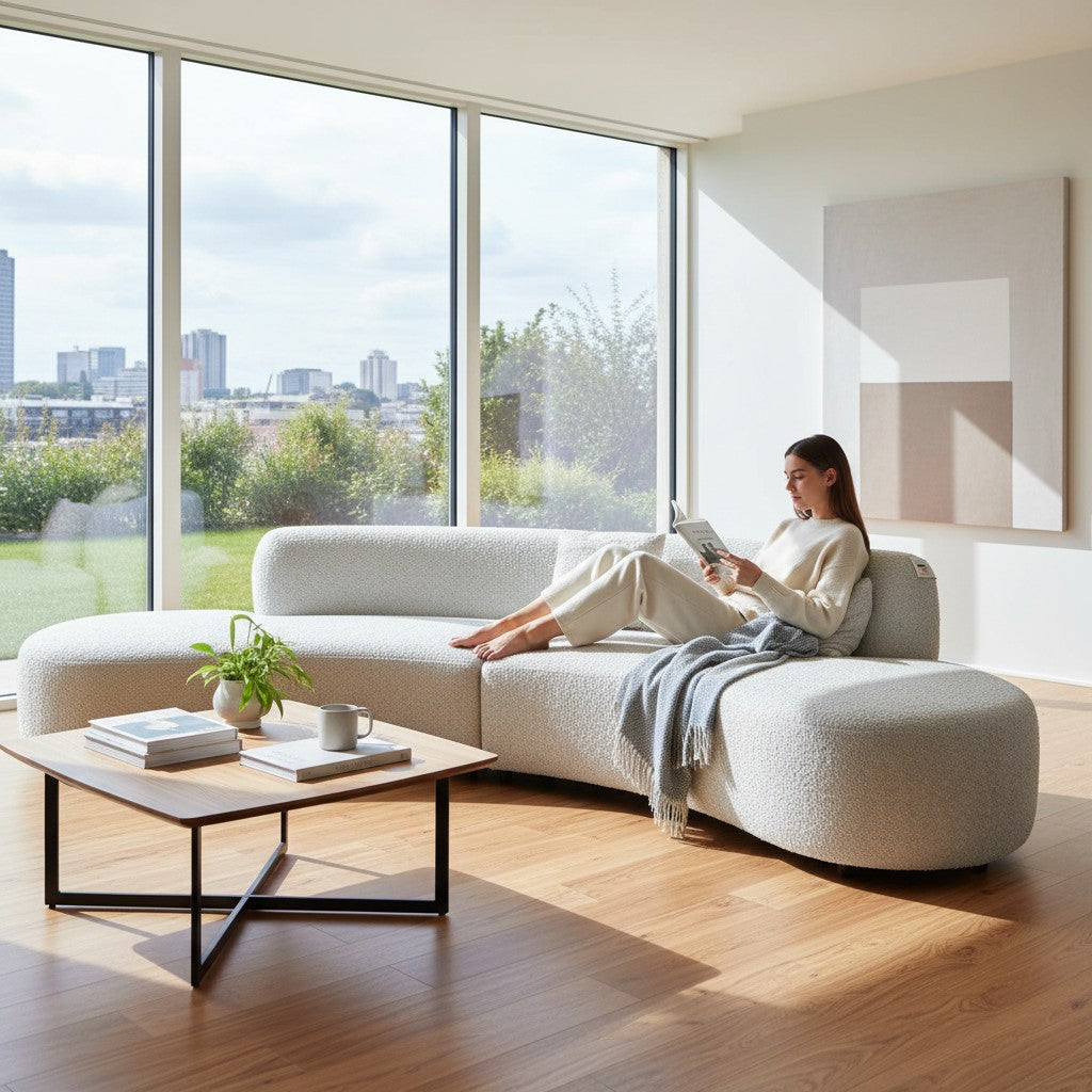 Miami Curved Cinema Boucle Sofa In Blush Pink Fabric