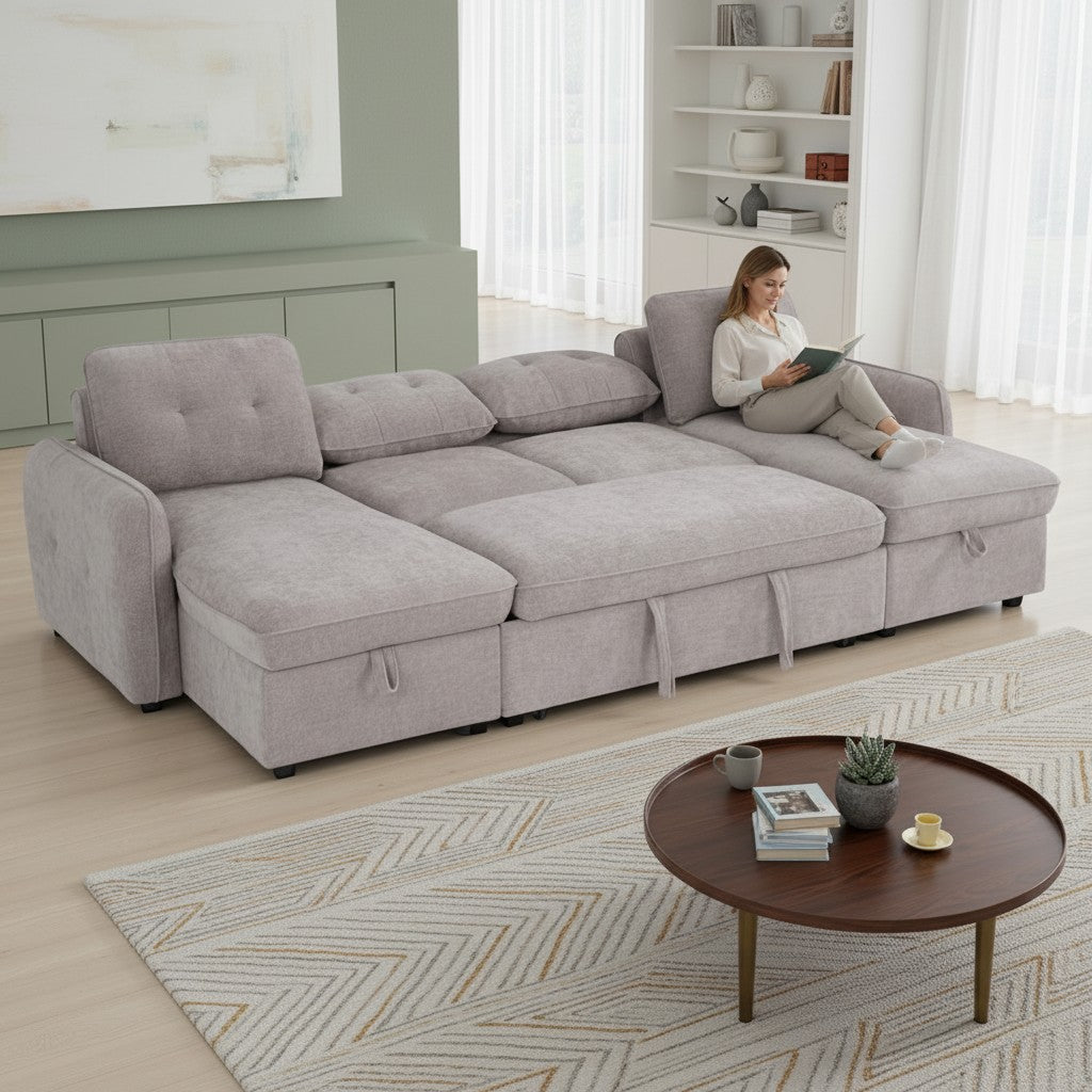 Moscow Sofabed Beige Fabric U Shape Corner Sofa