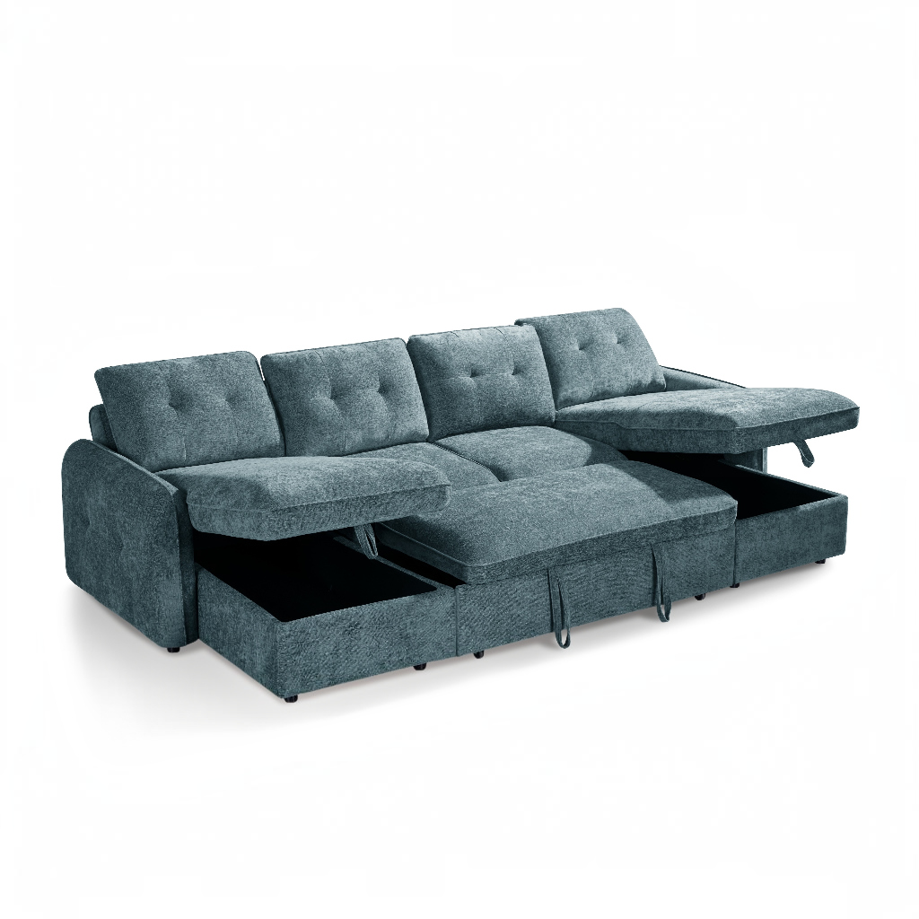 Moscow Sofabed Blue Fabric U Shape Storage Corner Sofa