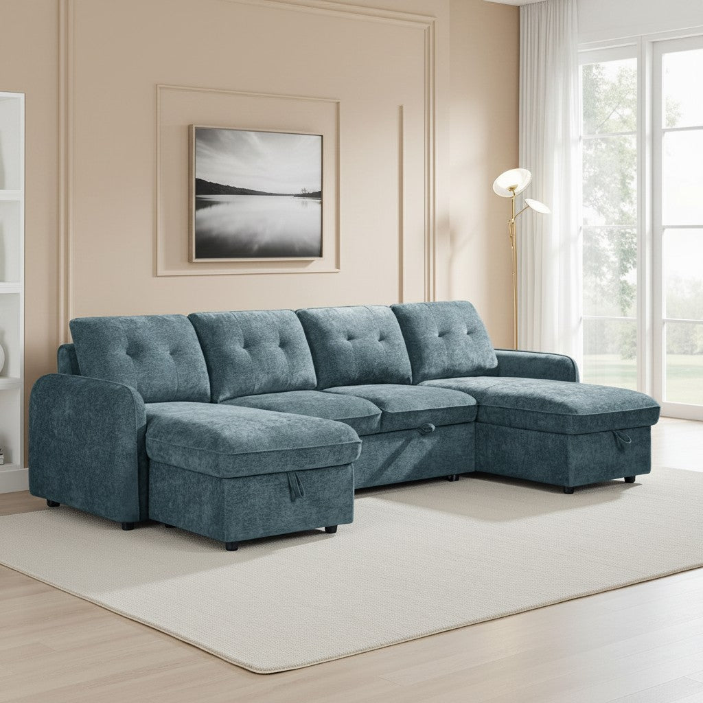 Moscow Sofabed Blue Fabric U Shape Storage Corner Sofa