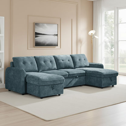 Moscow Sofabed Blue Fabric U Shape Storage Corner Sofa