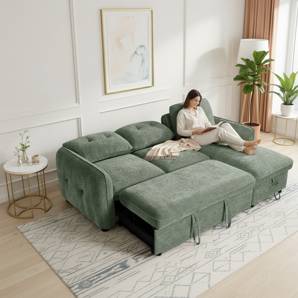 Moscow Sofabed Green Fabric Storage Universal Corner Sofa