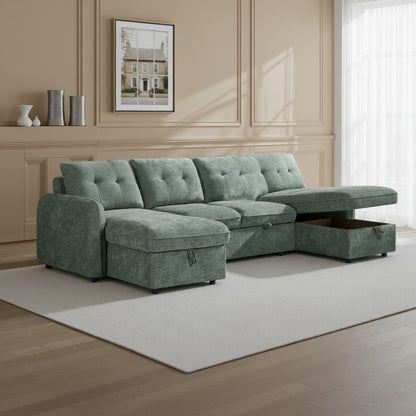 Moscow Sofabed Green Fabric U Shape Storage Corner Sofa
