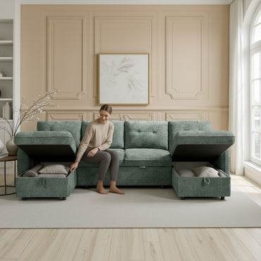 Moscow Sofabed Green Fabric U Shape Storage Corner Sofa