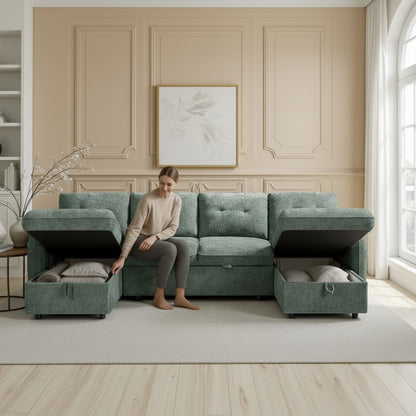 Moscow Sofabed Green Fabric U Shape Storage Corner Sofa