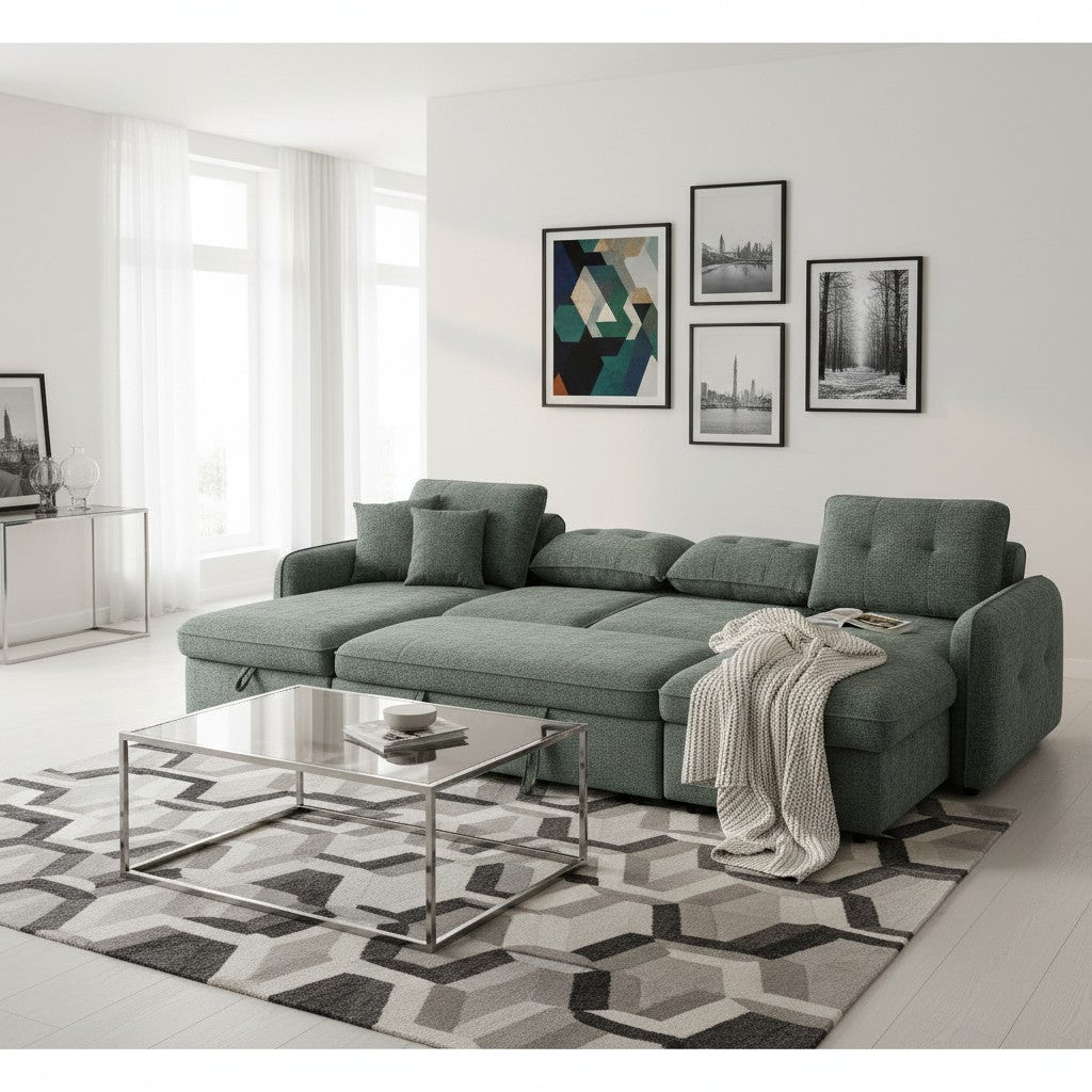 Moscow Sofabed Green Fabric U Shape Storage Corner Sofa