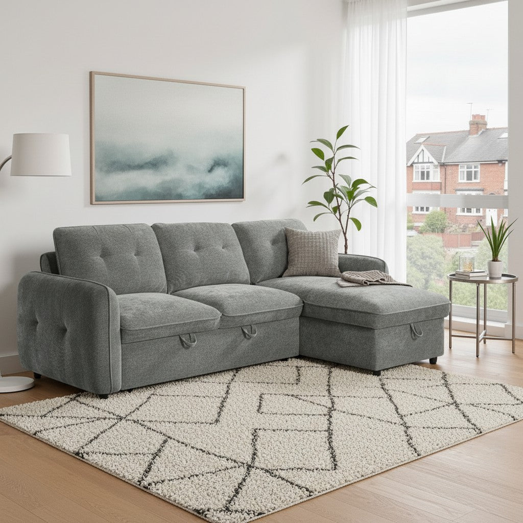 Moscow Sofabed Grey Fabric Storage Universal Corner Sofa