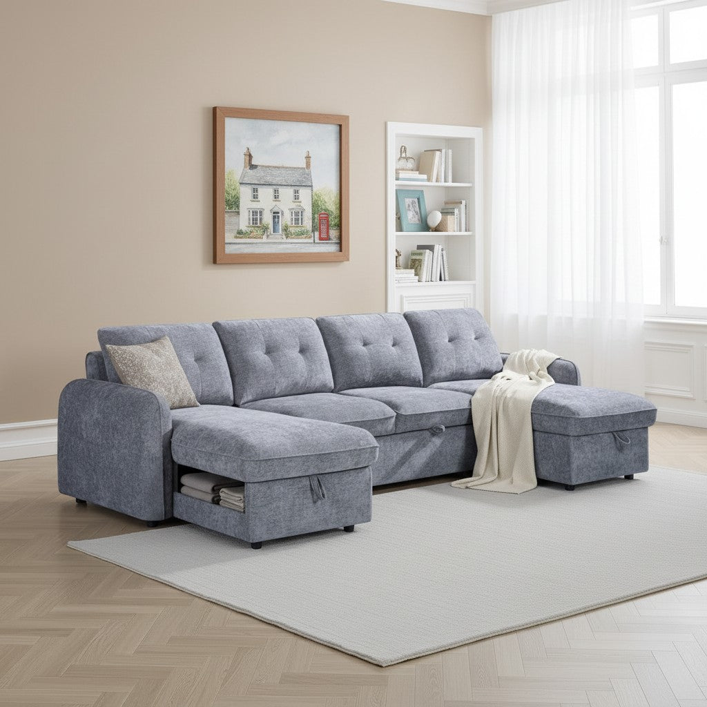 Moscow Sofabed Grey Fabric U Shape Storage Corner Sofa