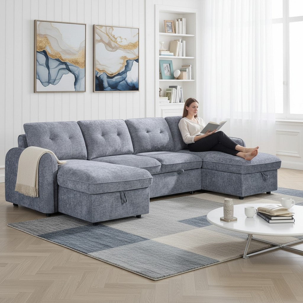 Moscow Sofabed Grey Fabric U Shape Storage Corner Sofa