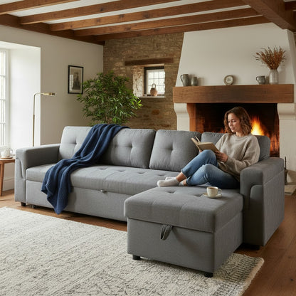 Omniya Sofabed Grey Fabric Universal Storage Corner Sofa