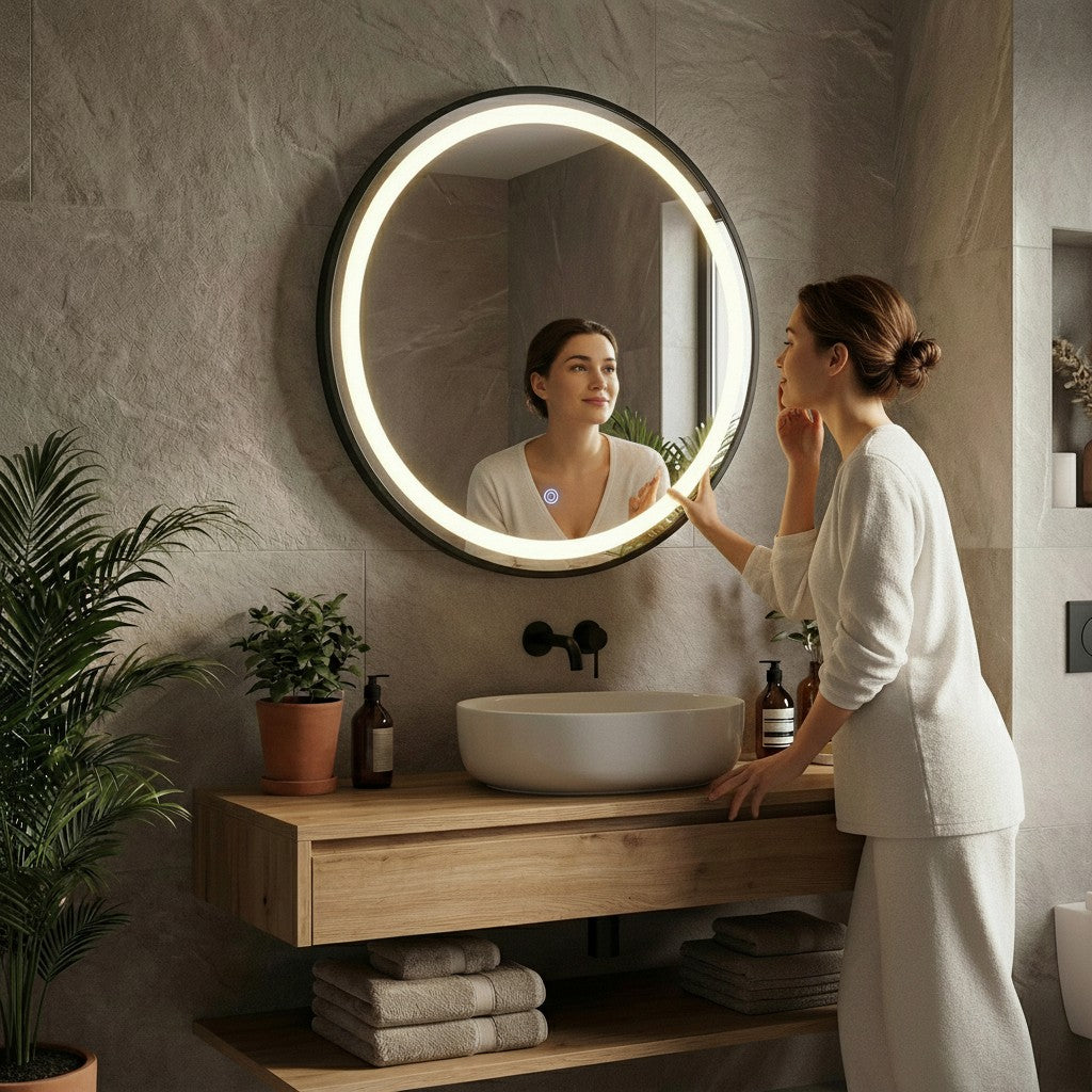 Orbit 80cm Round LED Wall Mirror With Black Aluminium Frame