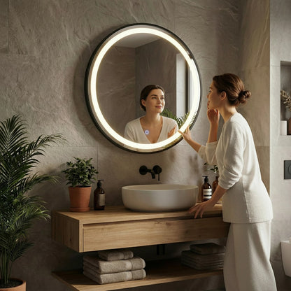 Orbit 80cm Round LED Wall Mirror With Black Aluminium Frame