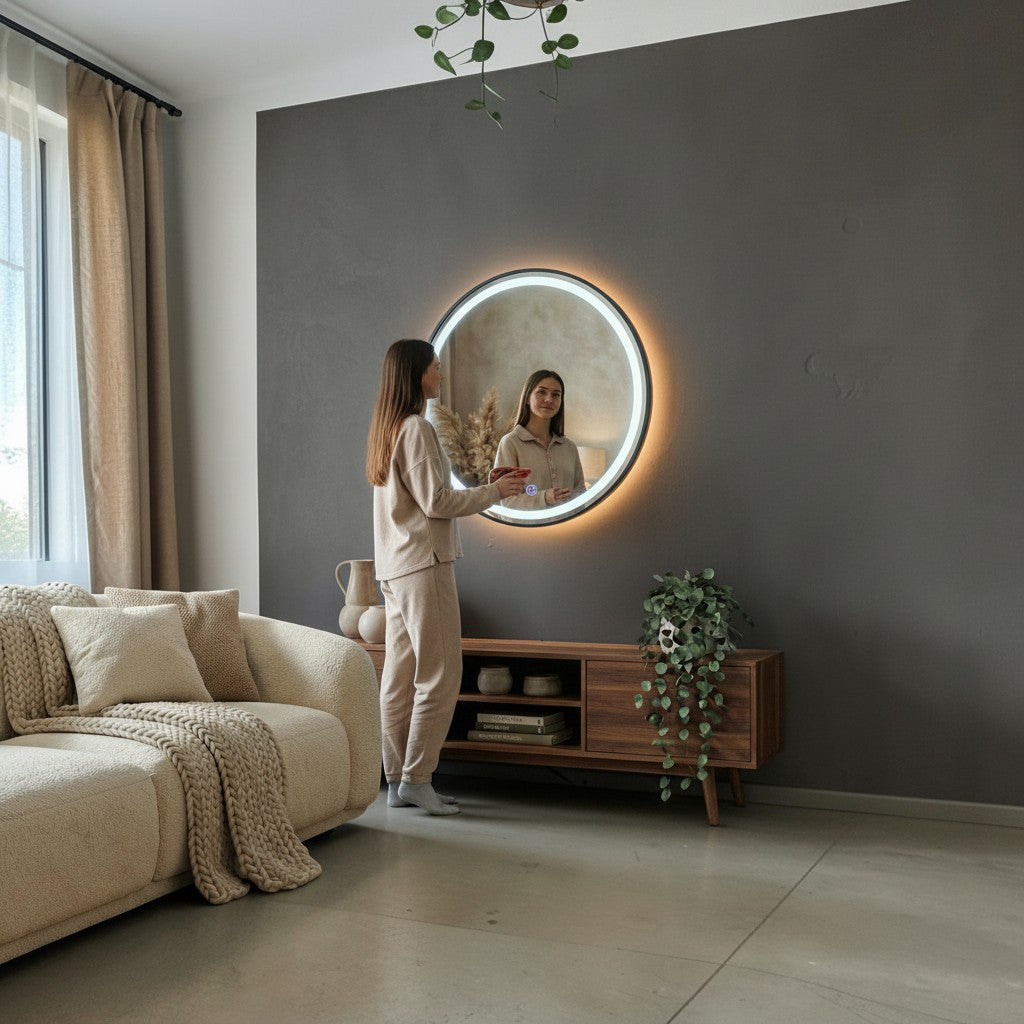Orbit 80cm Round LED Wall Mirror With Black Aluminium Frame