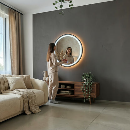 Orbit 80cm Round LED Wall Mirror With Black Aluminium Frame