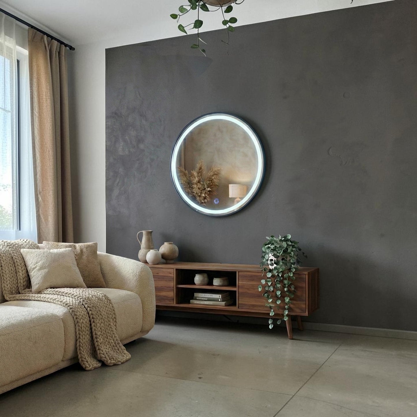 Orbit 80cm Round LED Wall Mirror With Black Aluminium Frame
