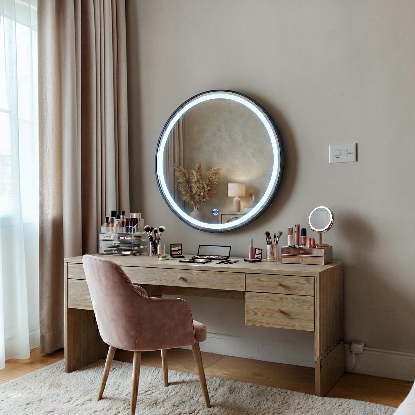 Orbit 80cm Round LED Wall Mirror With Black Aluminium Frame