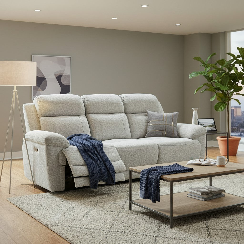Owen Electric Recliner Beige Fabric 3 Seater Sofa