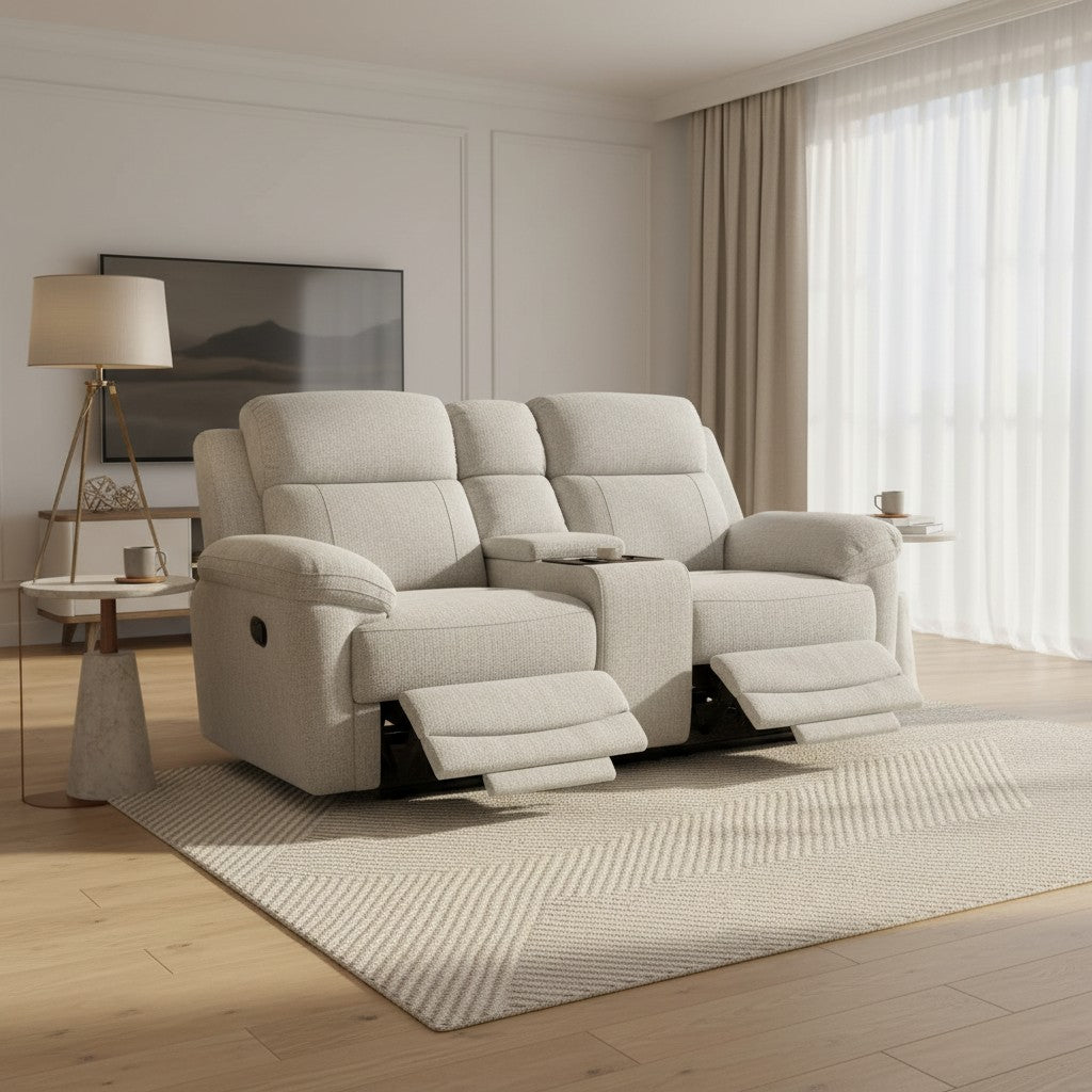 Owen Electric Recliner Beige Fabric Cinema Console 2 Seater Sofa