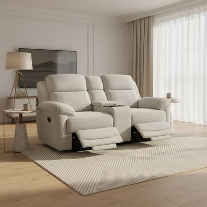 Owen Electric Recliner Beige Fabric Cinema Console 2 Seater Sofa