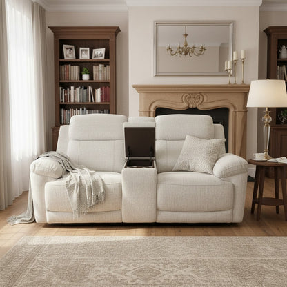Owen Electric Recliner Beige Fabric Cinema Console 2 Seater Sofa