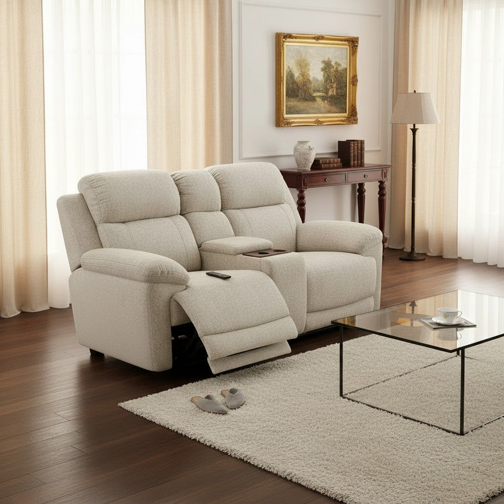 Owen Electric Recliner Beige Fabric Cinema Console 2 Seater Sofa