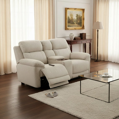 Owen Electric Recliner Beige Fabric Cinema Console 2 Seater Sofa