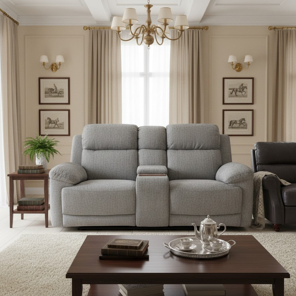 Owen Electric Recliner Grey Fabric Cinema Console 2 Seater Sofa