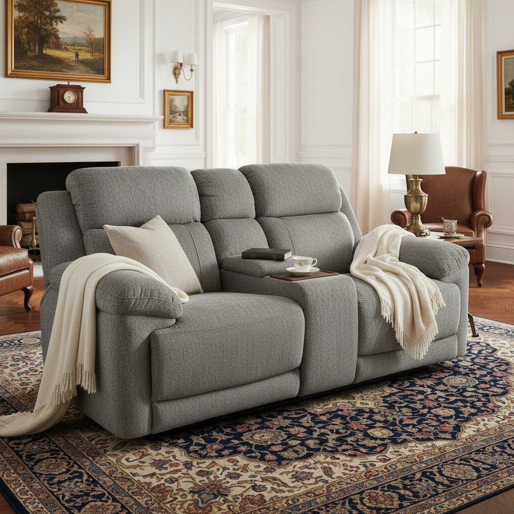 Owen Electric Recliner Grey Fabric Cinema Console 2 Seater Sofa