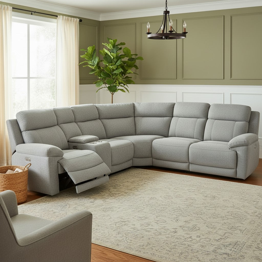 Owen Electric Recliner Grey Fabric Cinema Console Large Corner Sofa