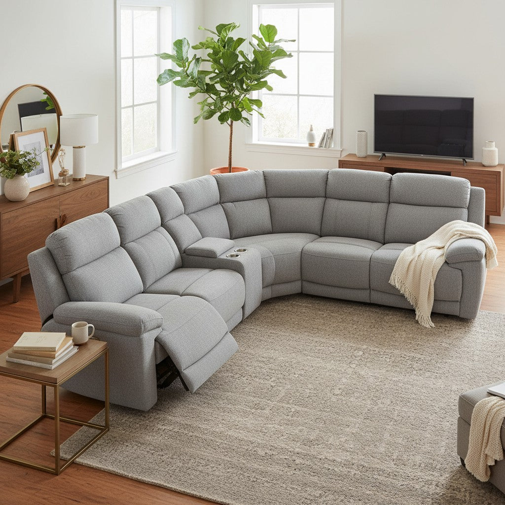 Owen Electric Recliner Grey Fabric Cinema Console Large Corner Sofa