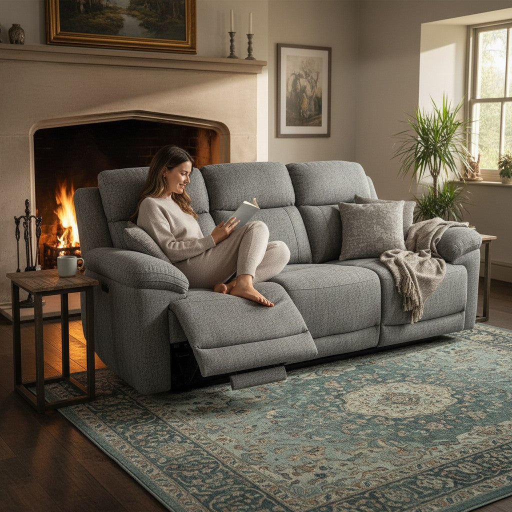 Owen Electric Recliner Grey Fabric Cinema Console 3 Seater Sofa