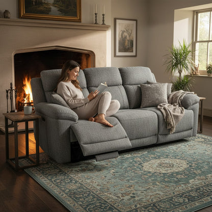 Owen Electric Recliner Grey Fabric Cinema Console 3 Seater Sofa