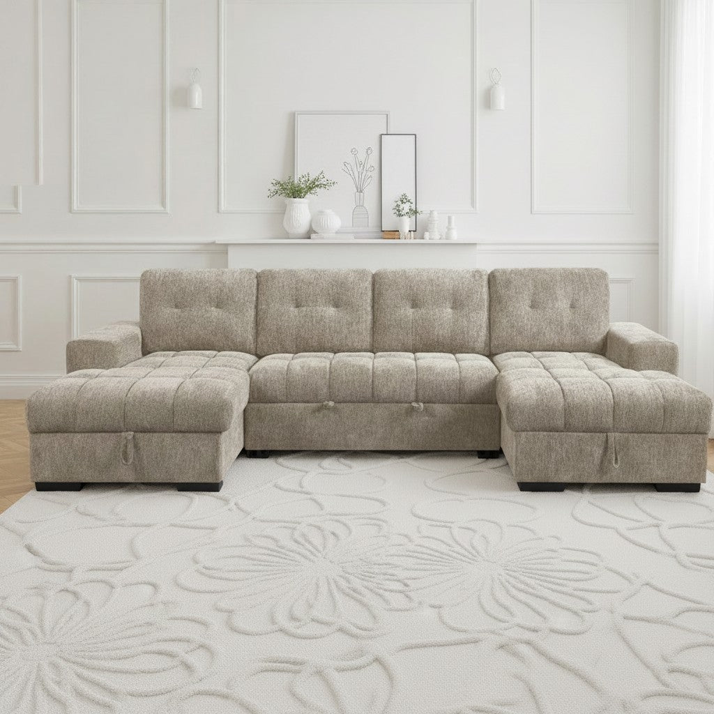 Palermo Sofabed Beige Fabric U Shape Storage Corner Sofa