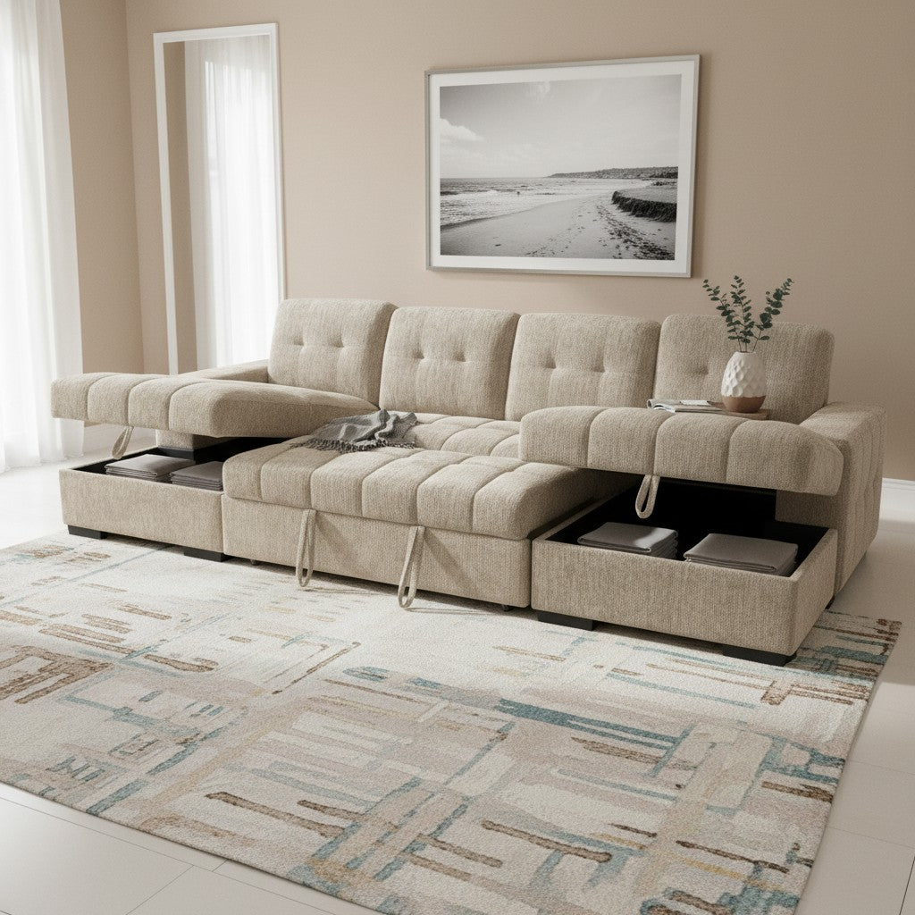 Palermo Sofabed Beige Fabric U Shape Storage Corner Sofa
