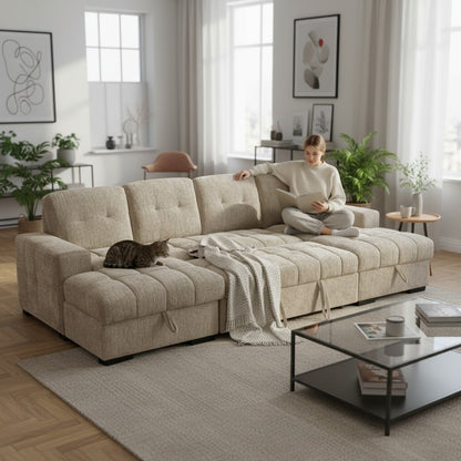 Palermo Sofabed Beige Fabric U Shape Storage Corner Sofa