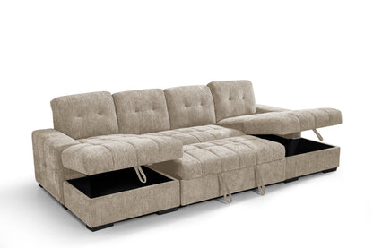 Palermo Sofabed Beige Fabric U Shape Storage Corner Sofa