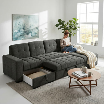 Palermo Sofabed Grey Fabric U Shape Storage Corner Sofa