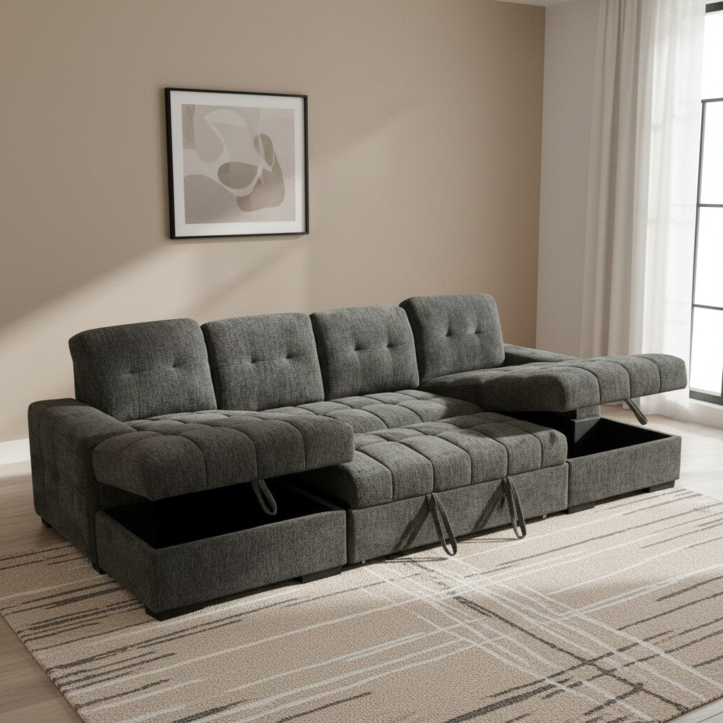 Palermo Sofabed Grey Fabric U Shape Storage Corner Sofa